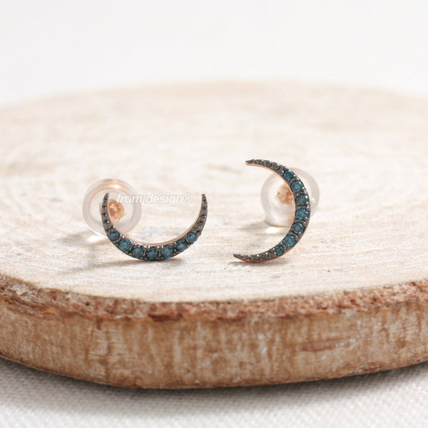 Blue Diamond Pave Crescent Earrings