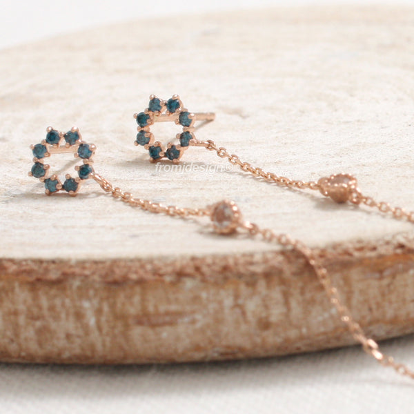 Blue & Cognac Diamonds Circle Chain Earrings